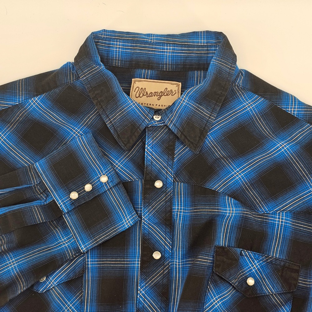 Wrangler Western Snap Shirt Mens XL Blue Black Plaid Pearl Snap Long Sleeve
